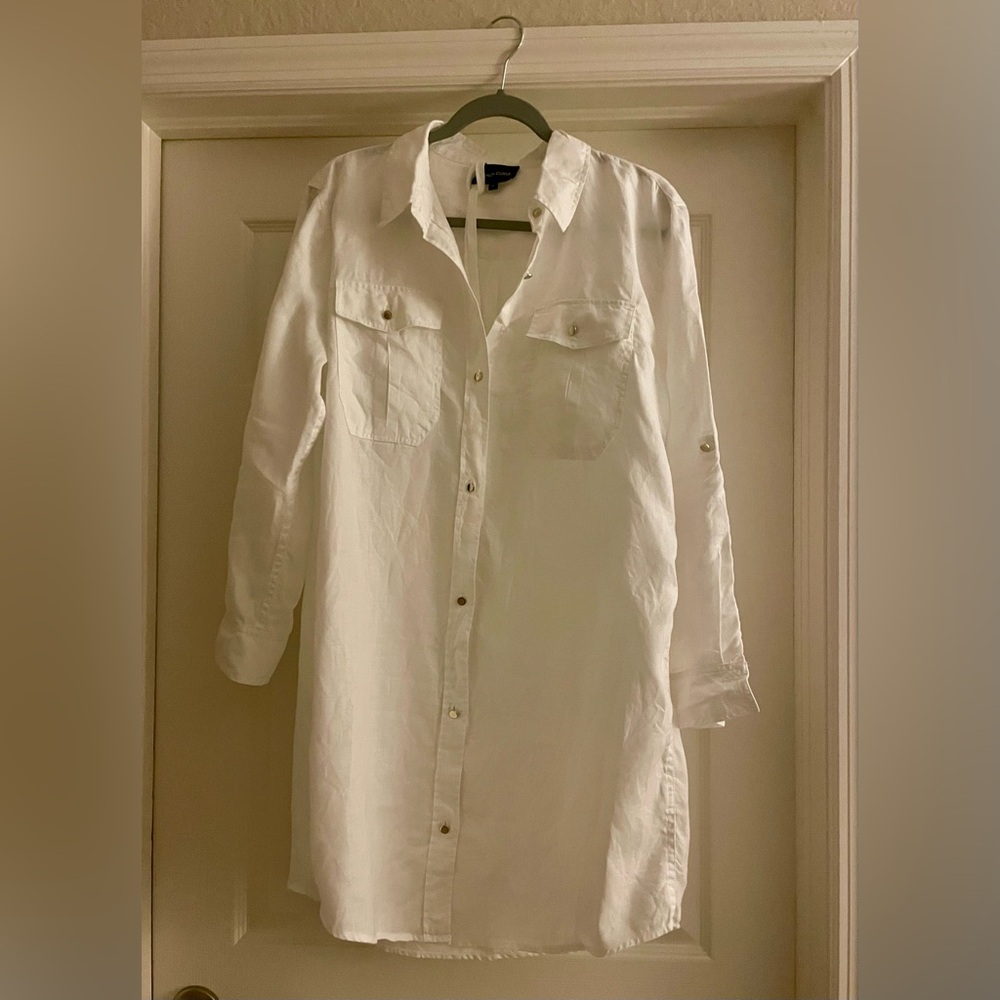 Linen White Button-Down Shirt Dress by French Curve XL NWOT